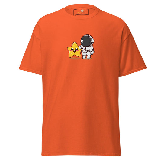 Orange t-shirt with cartoon astronaut and star.