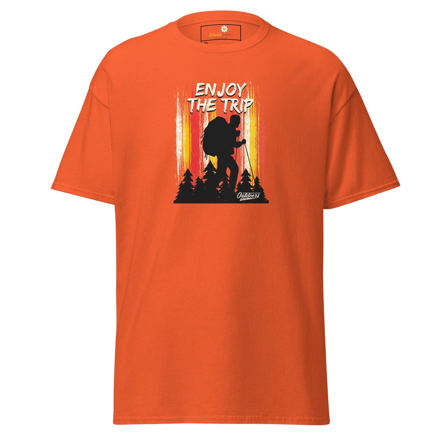 Orange t-shirt with hiker graphic.