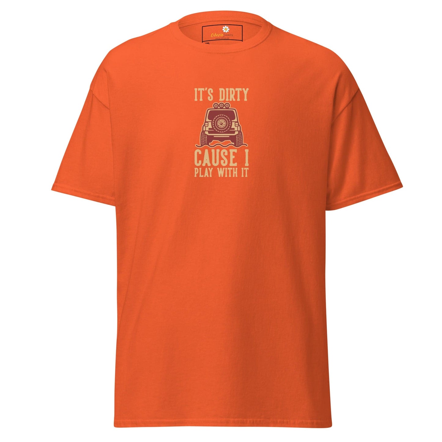 Orange t-shirt with off-road vehicle graphic.