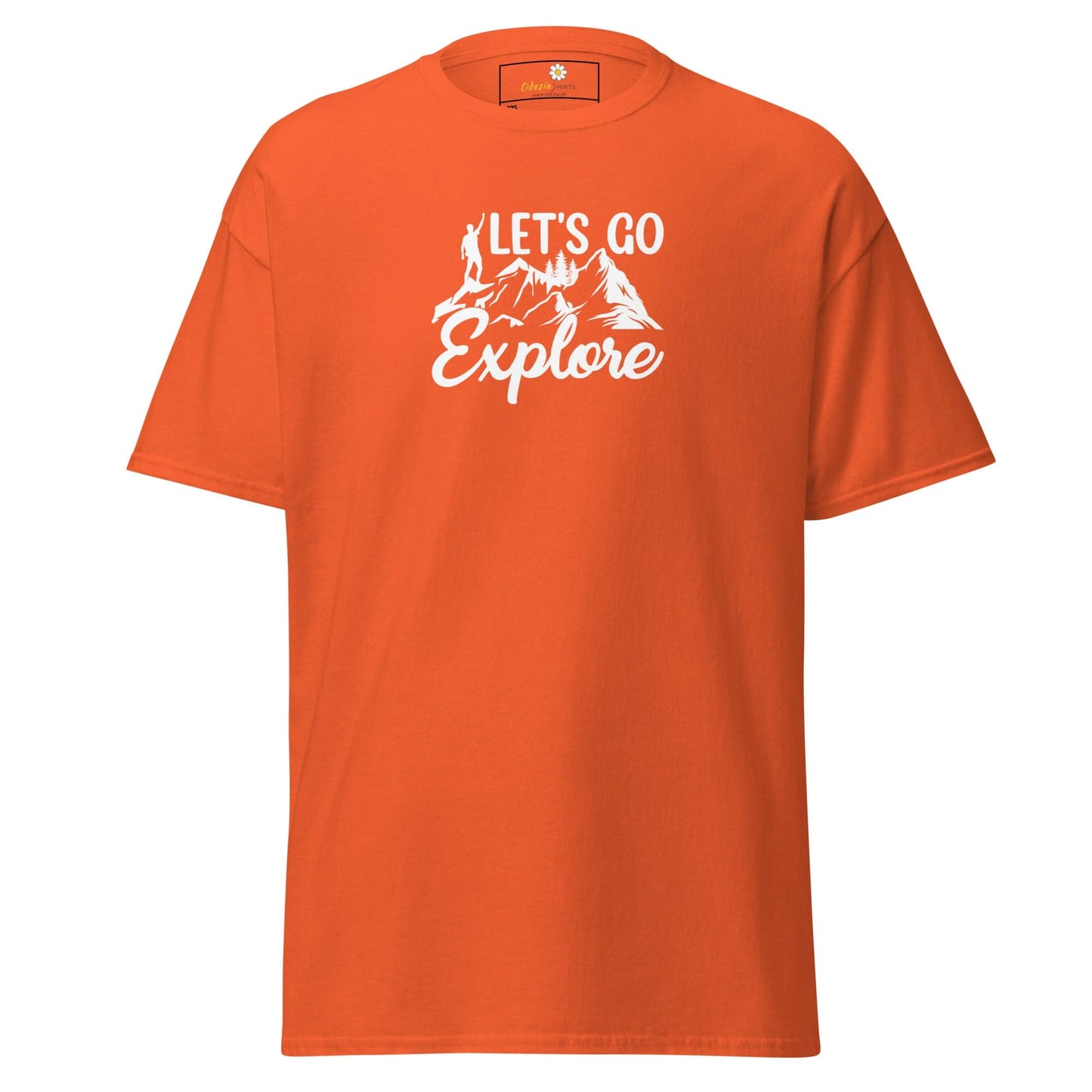 Orange T-shirt with Lets Go Explore graphic displayed in T-SHIRT DESIGN TEE for Men and Women