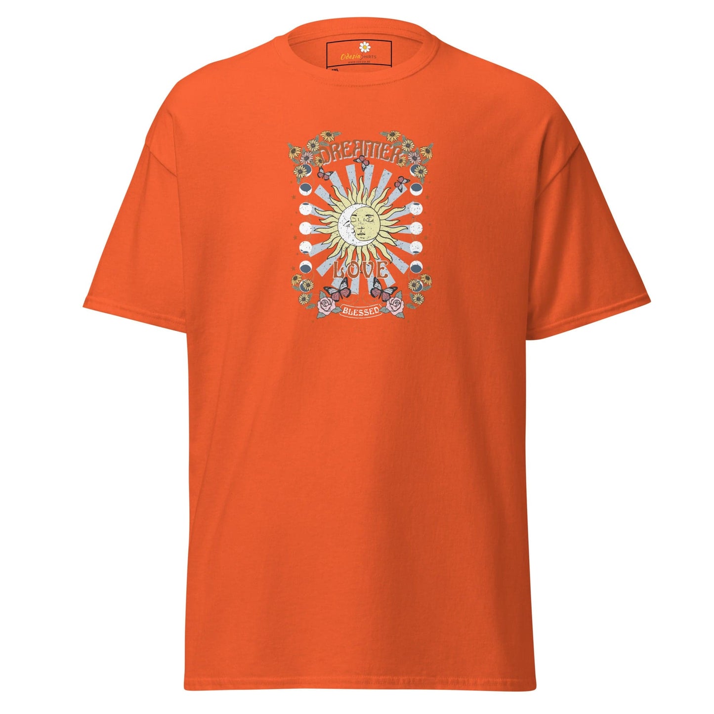 Orange t-shirt with sun graphic.
