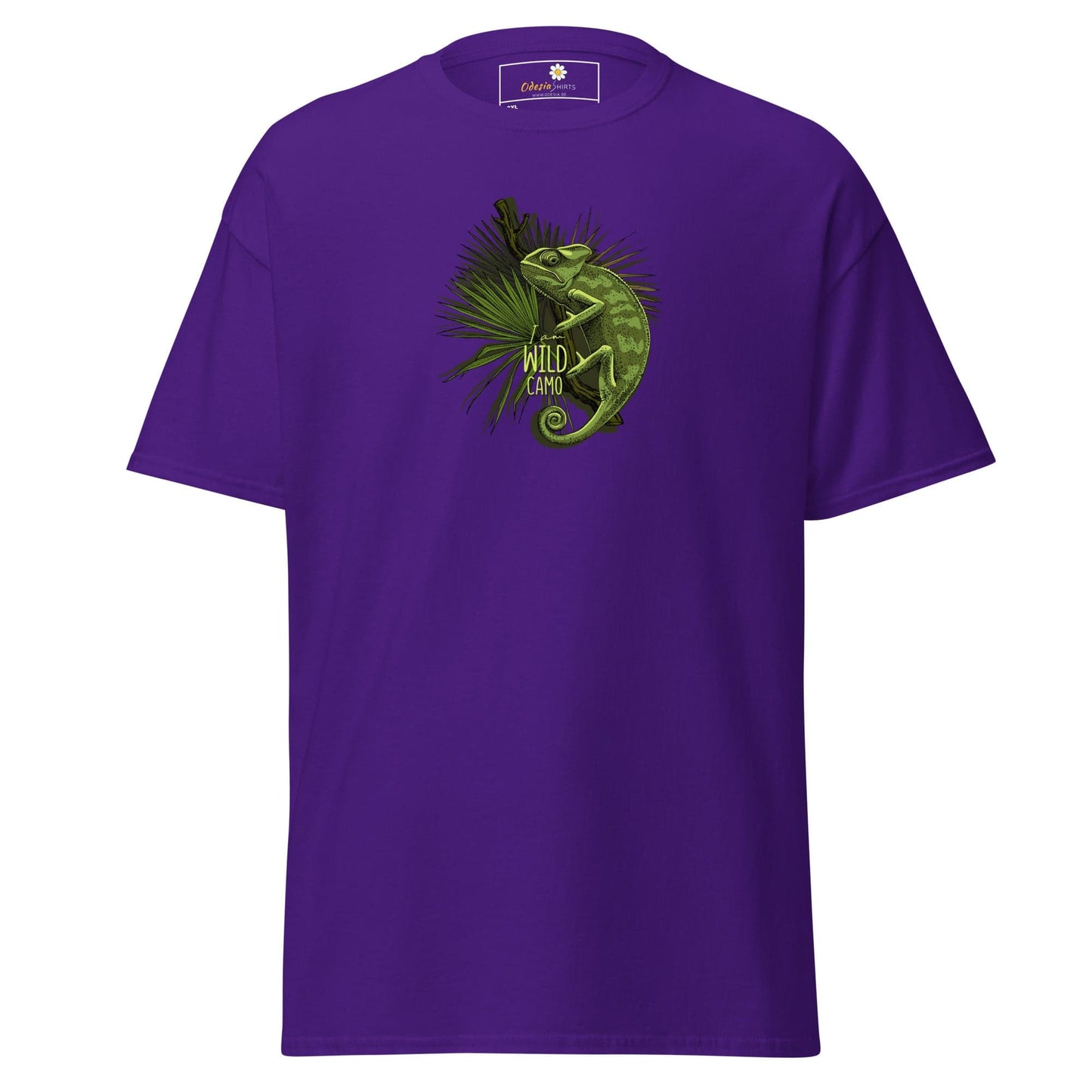 Purple t-shirt with chameleon graphic.