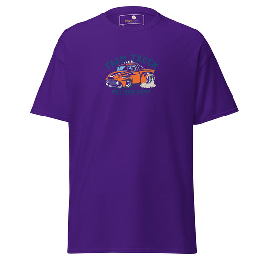 Purple t-shirt with car graphic.