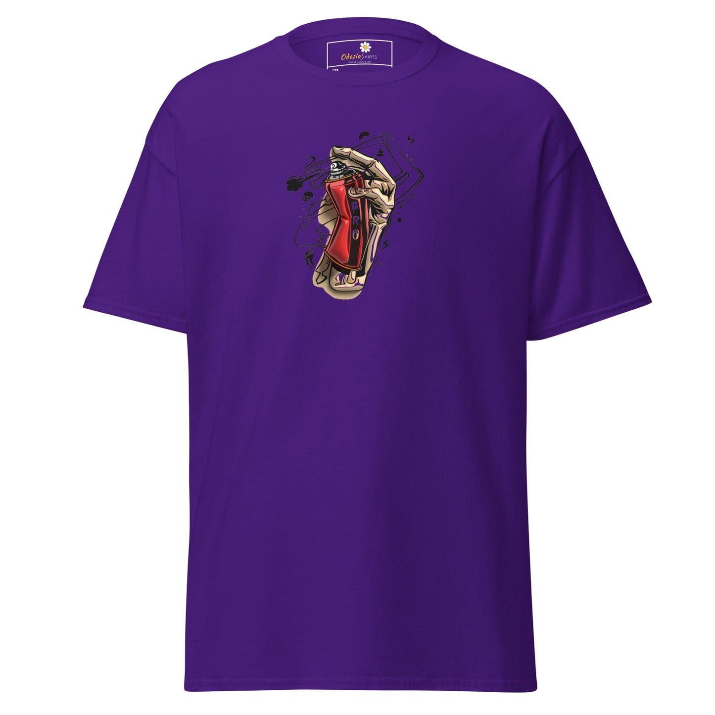 Purple t-shirt with skeleton hand holding red spray can.