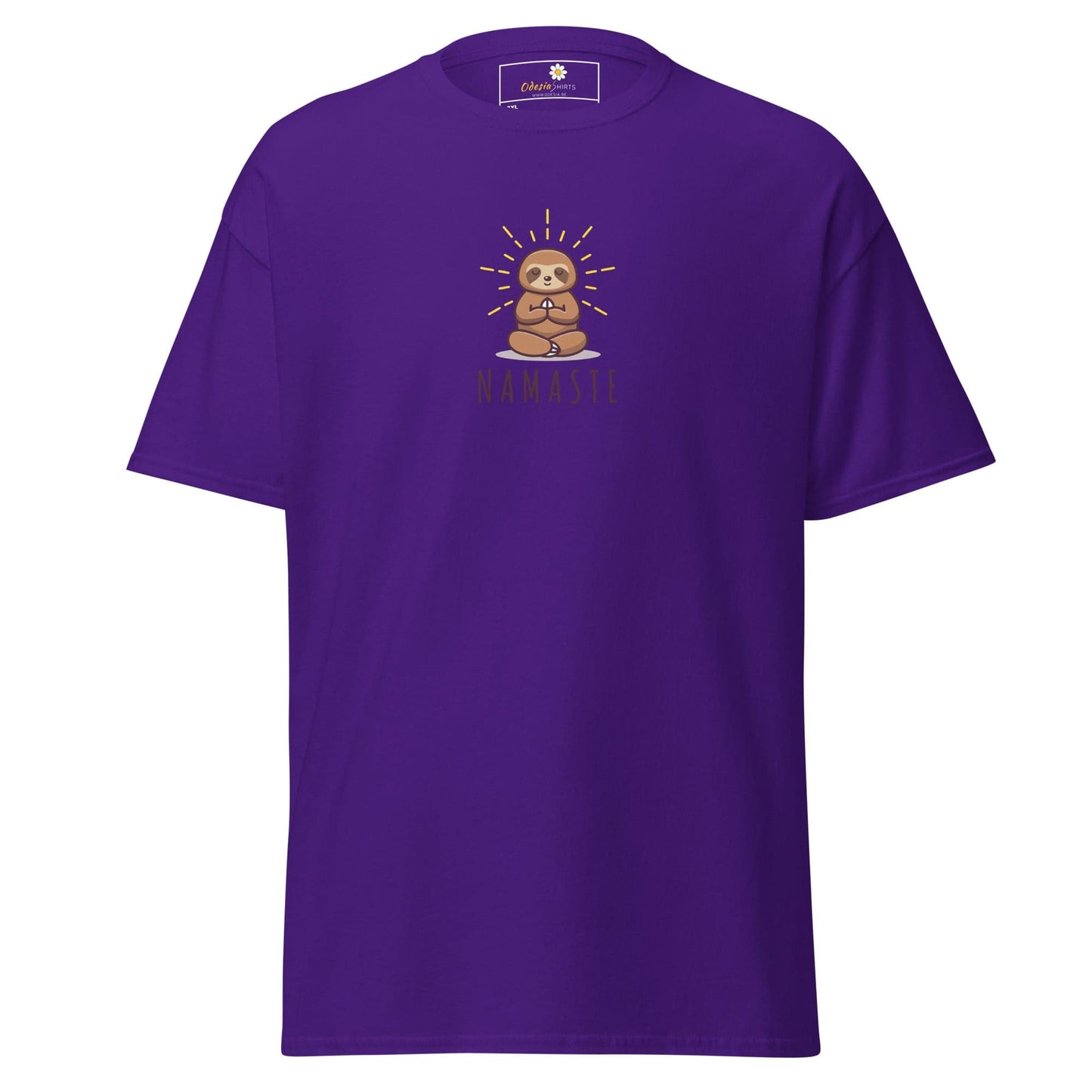 Purple t-shirt with sloth graphic.