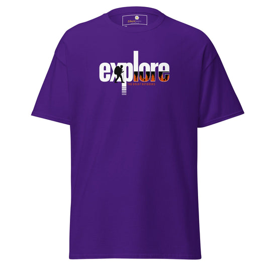 Purple t-shirt with ’explore’ graphic.
