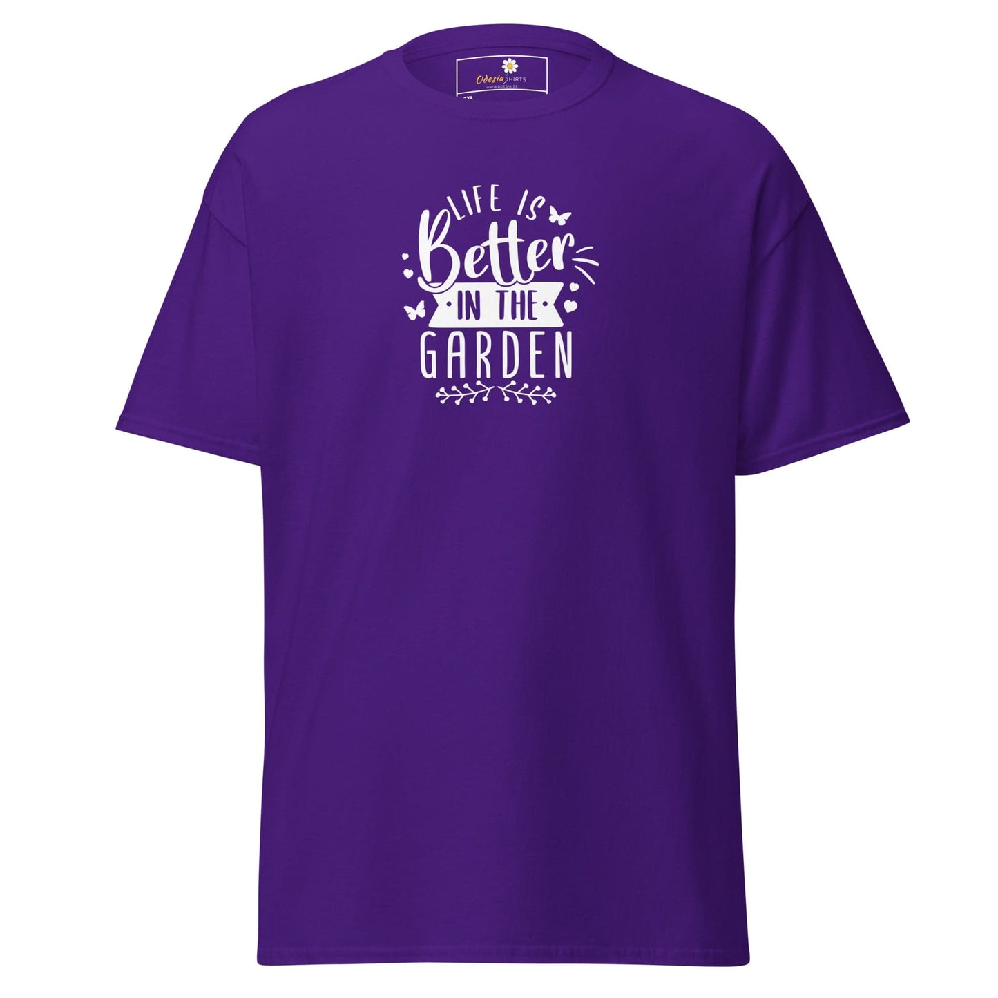 Purple t-shirt with garden-themed graphic.