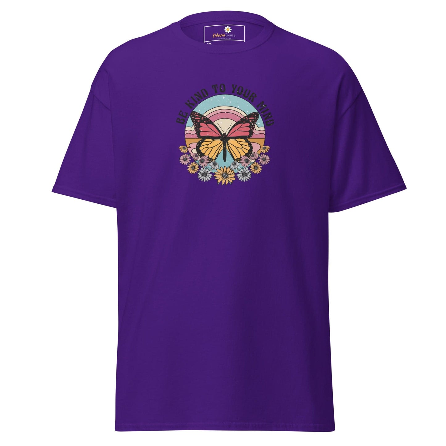 Purple t-shirt with butterfly graphic.