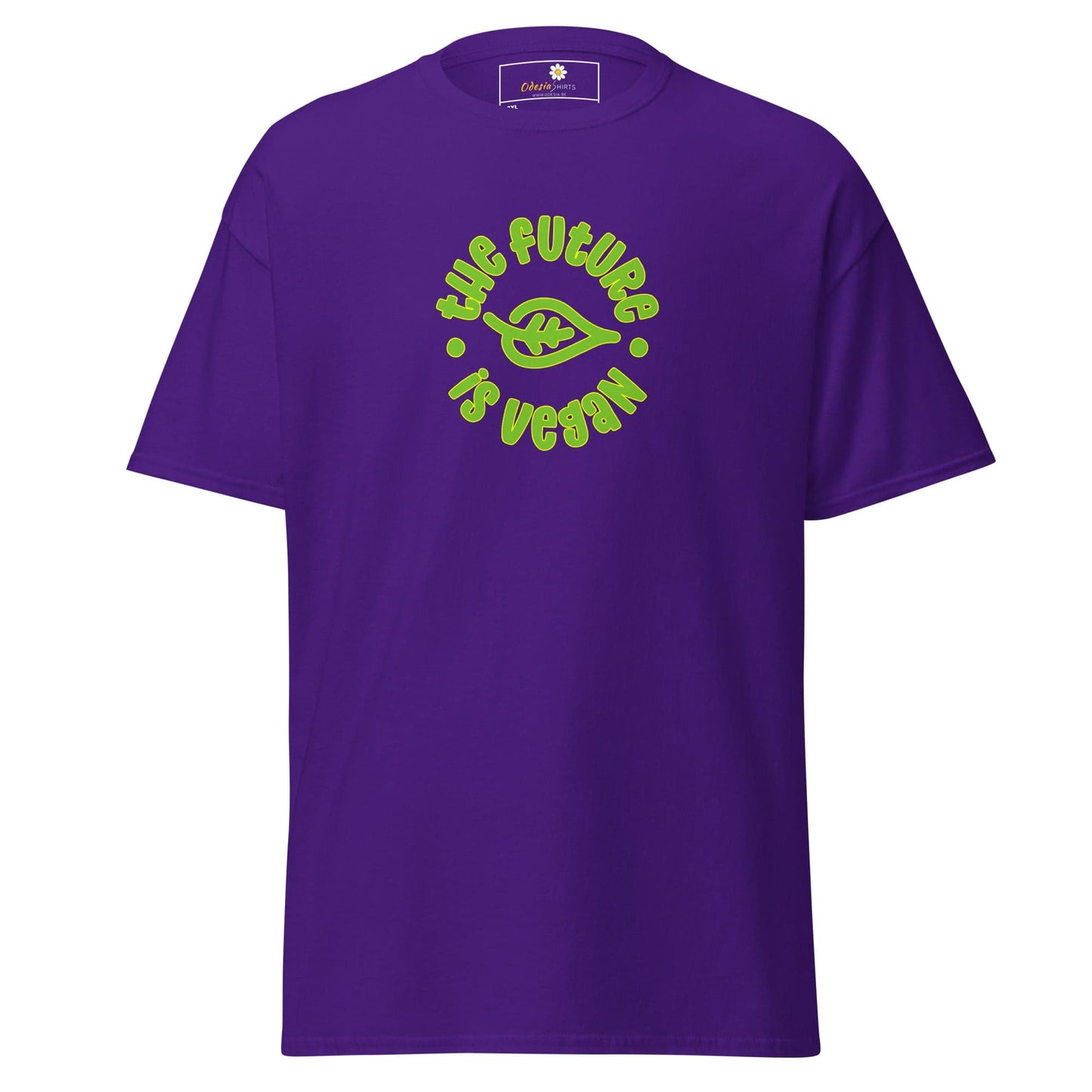 Purple t-shirt with vegan message.