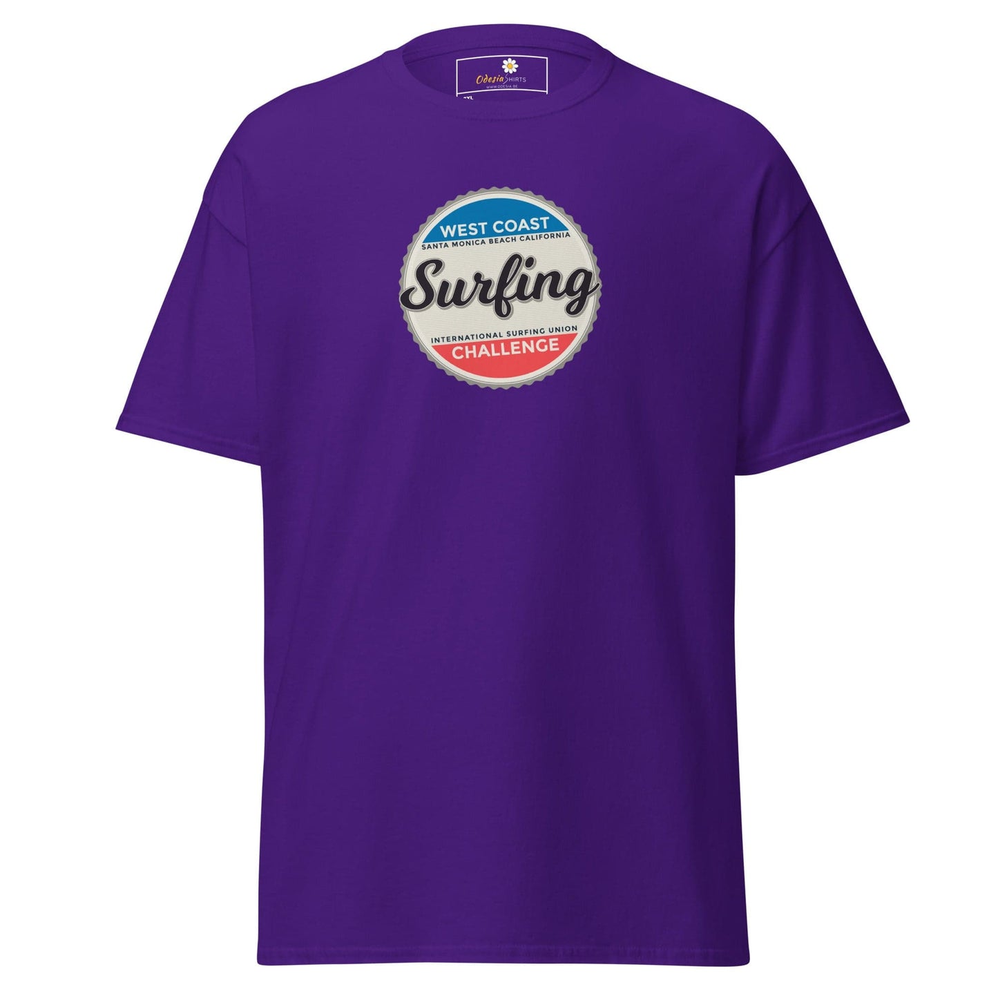 Purple t-shirt with surfing graphic.