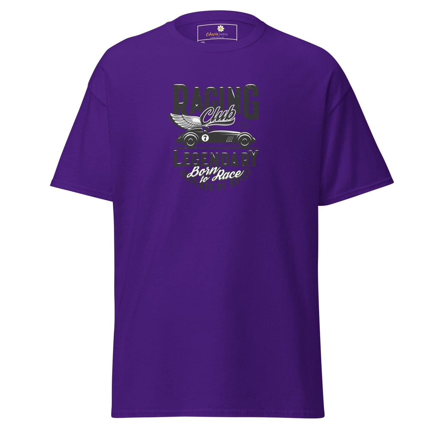 Purple t-shirt with racing car graphic.