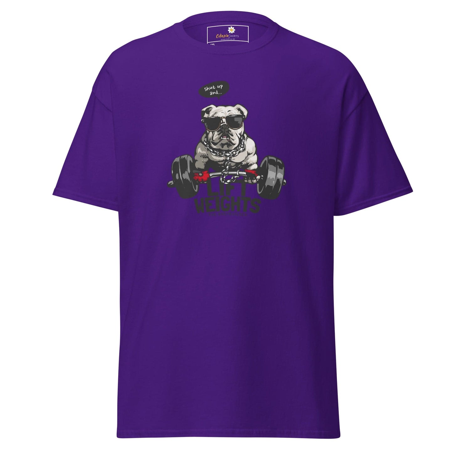 Purple t-shirt with dog graphic.