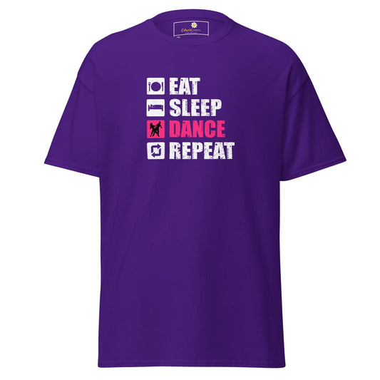 Purple t-shirt with ’Eat Sleep Dance Repeat’ graphic.