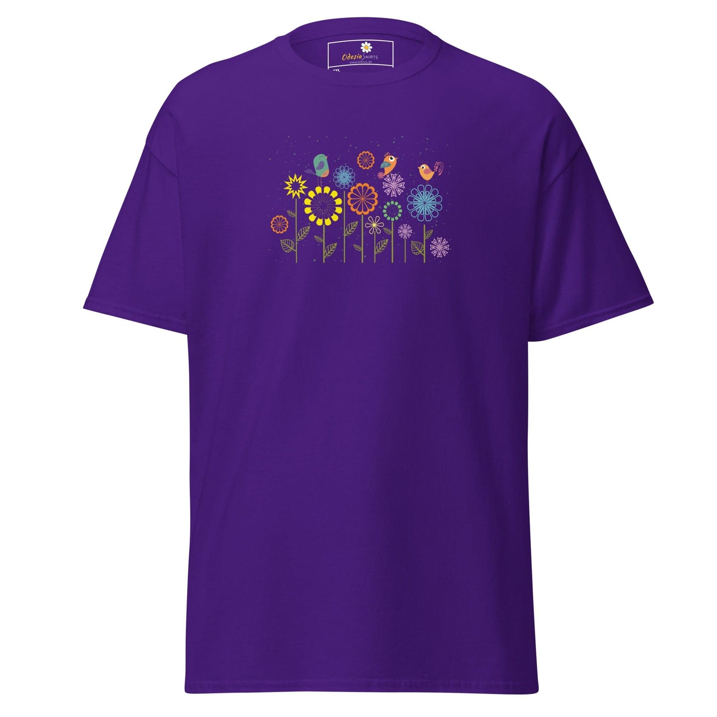 Purple t-shirt with floral and bird design.