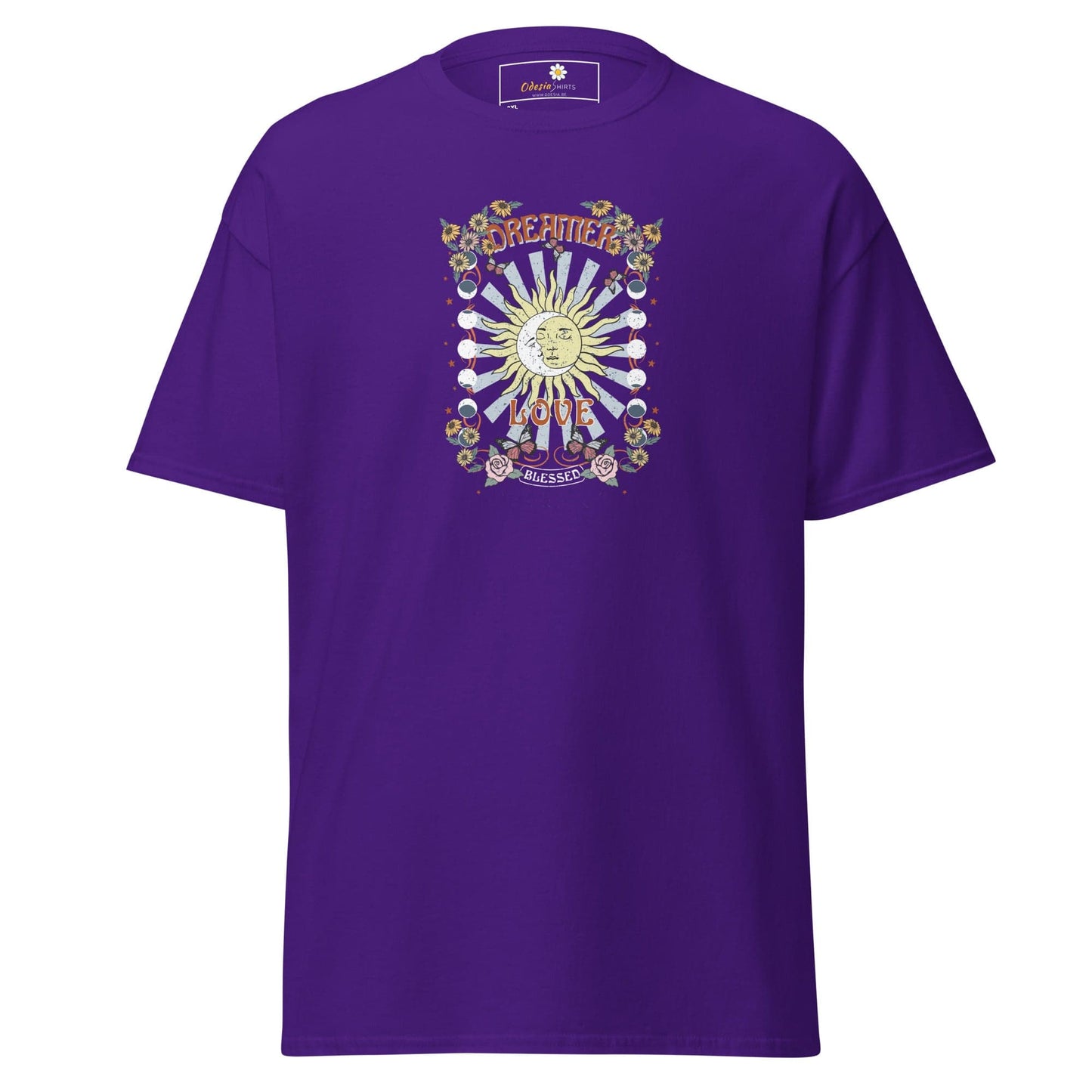 Purple t-shirt with sun and moon graphic.