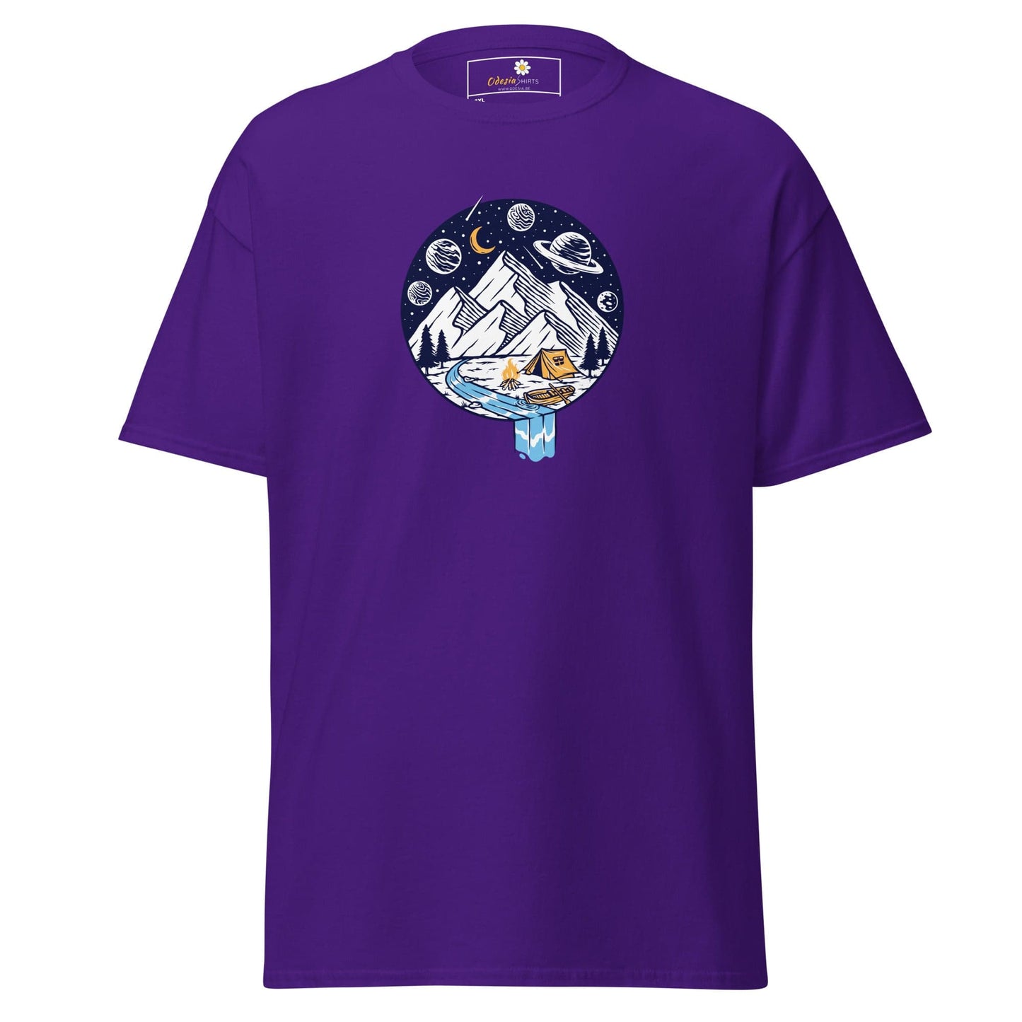 Purple t-shirt with a circular mountain and space scene.