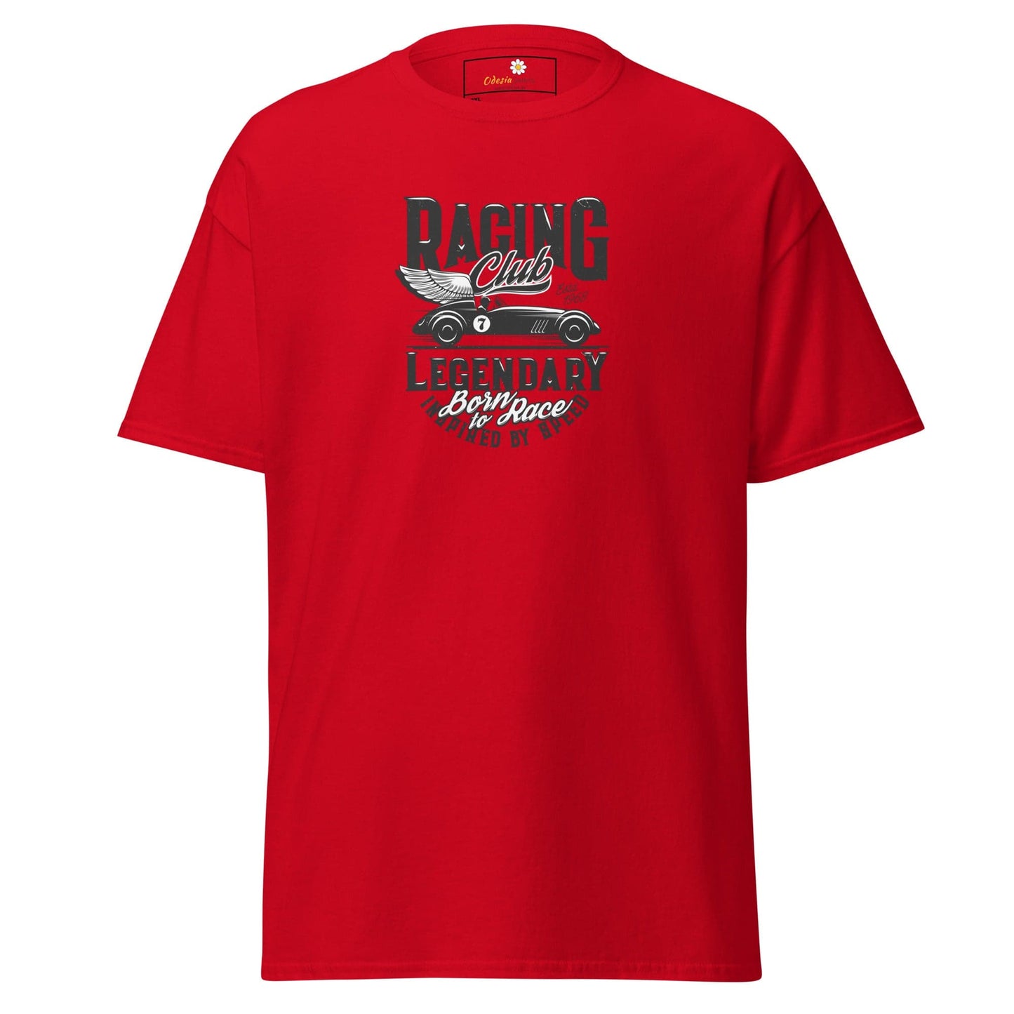Red t-shirt with racing car graphic.