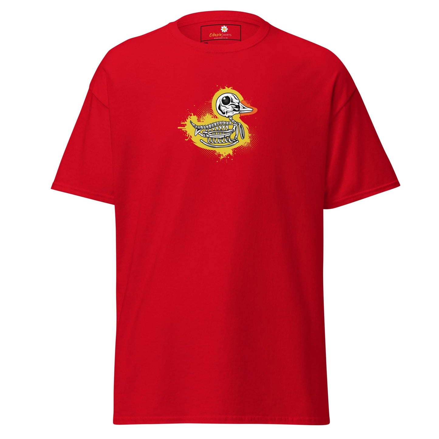 Red T-shirt with duck skeleton graphic for men and women in sizes 2XL to 5XL