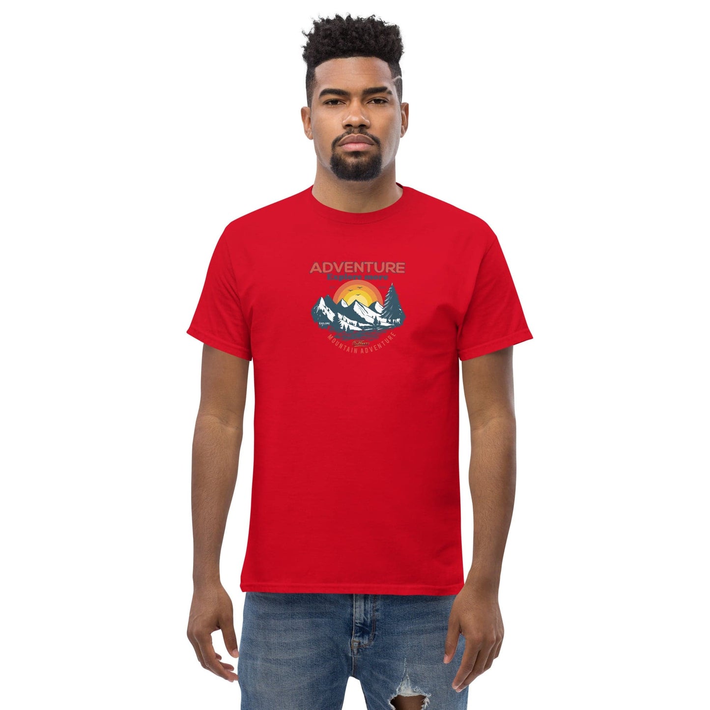 Red t-shirt with mountain graphic.