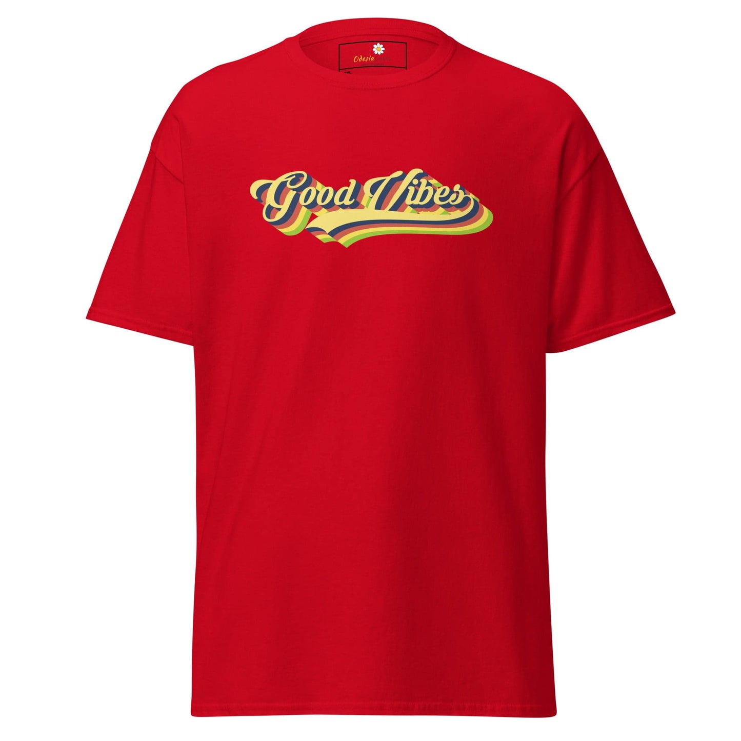 Red t-shirt with ’Good Vibes’ graphic.