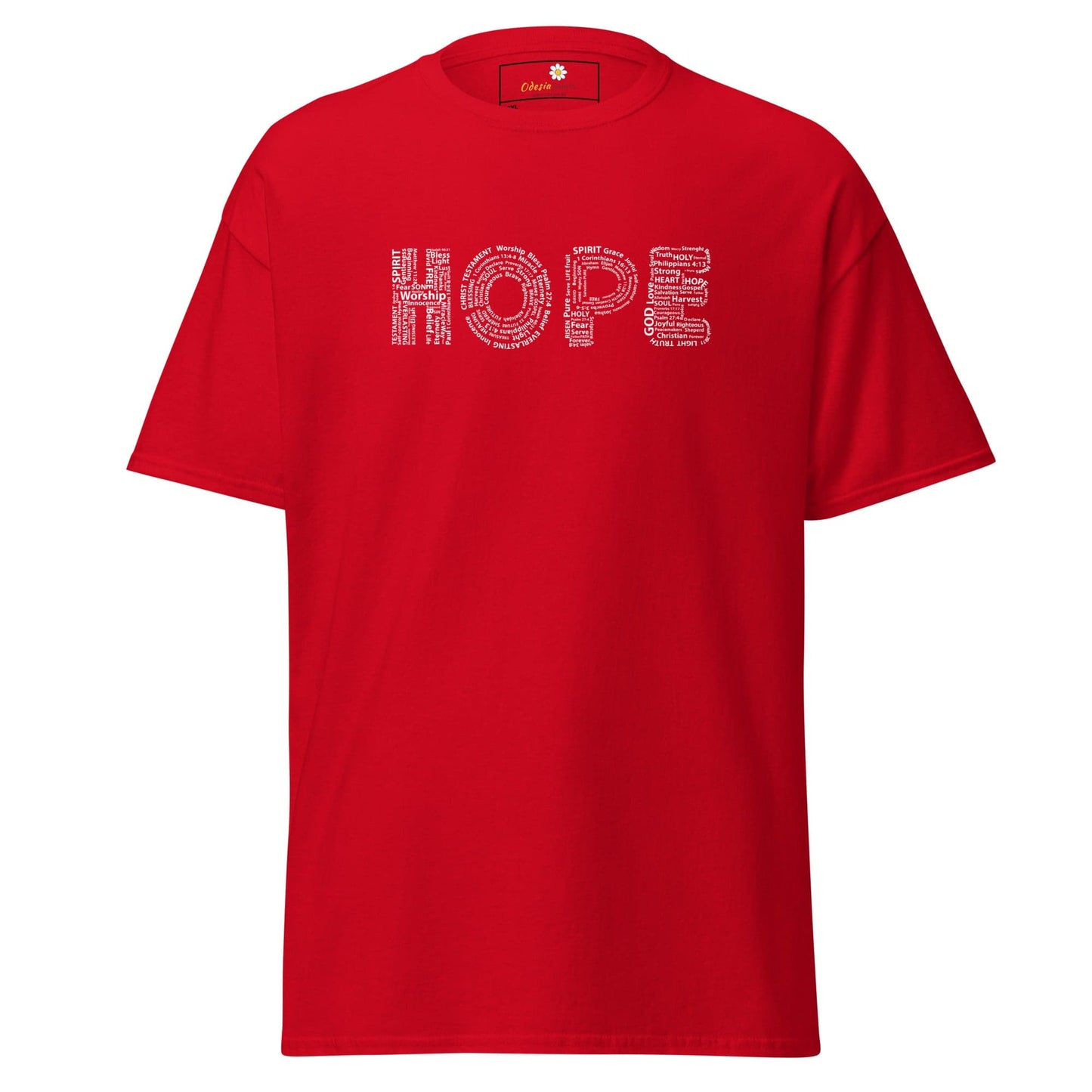 Red t-shirt with ’HOPE’ graphic.