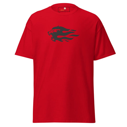 Red T-shirt with a lion graphic from T-SHIRT DESIGN TEE for men and women in 2XL to 5XL
