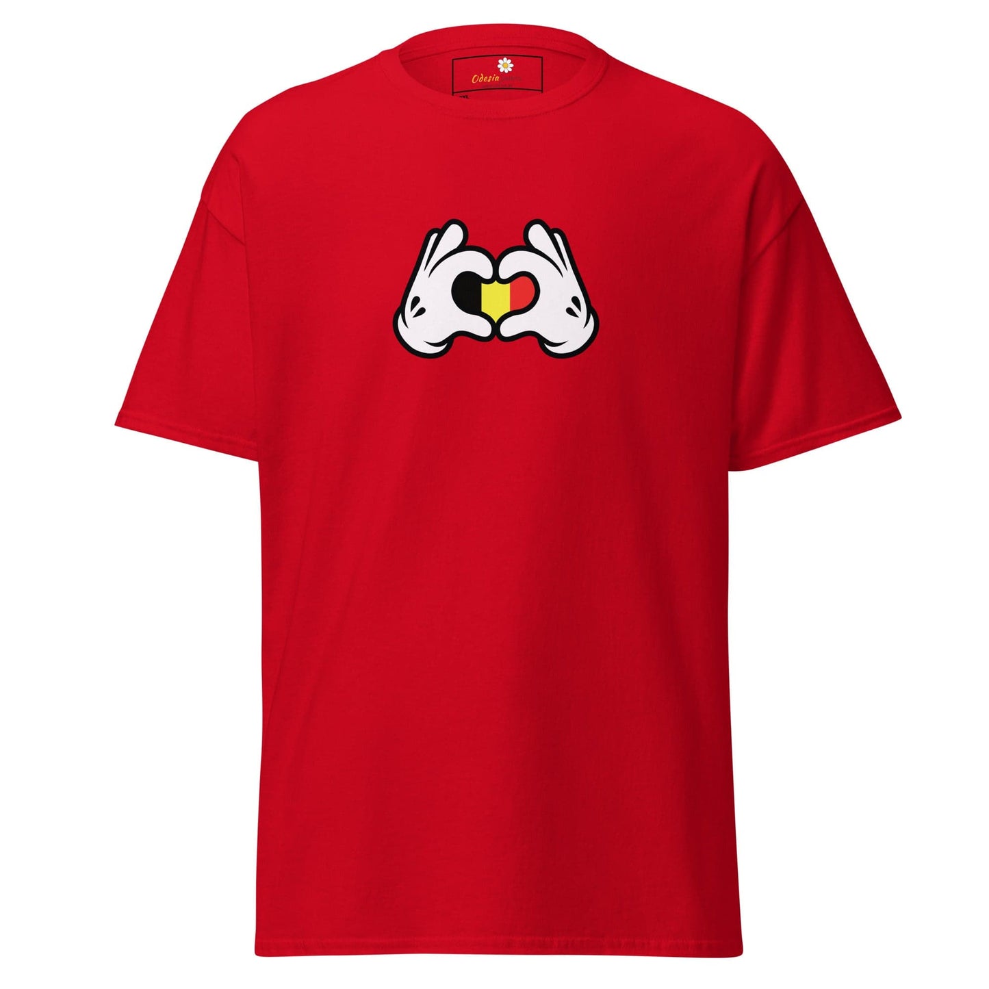 Red t-shirt with cartoon hands forming a heart with the Belgian flag.