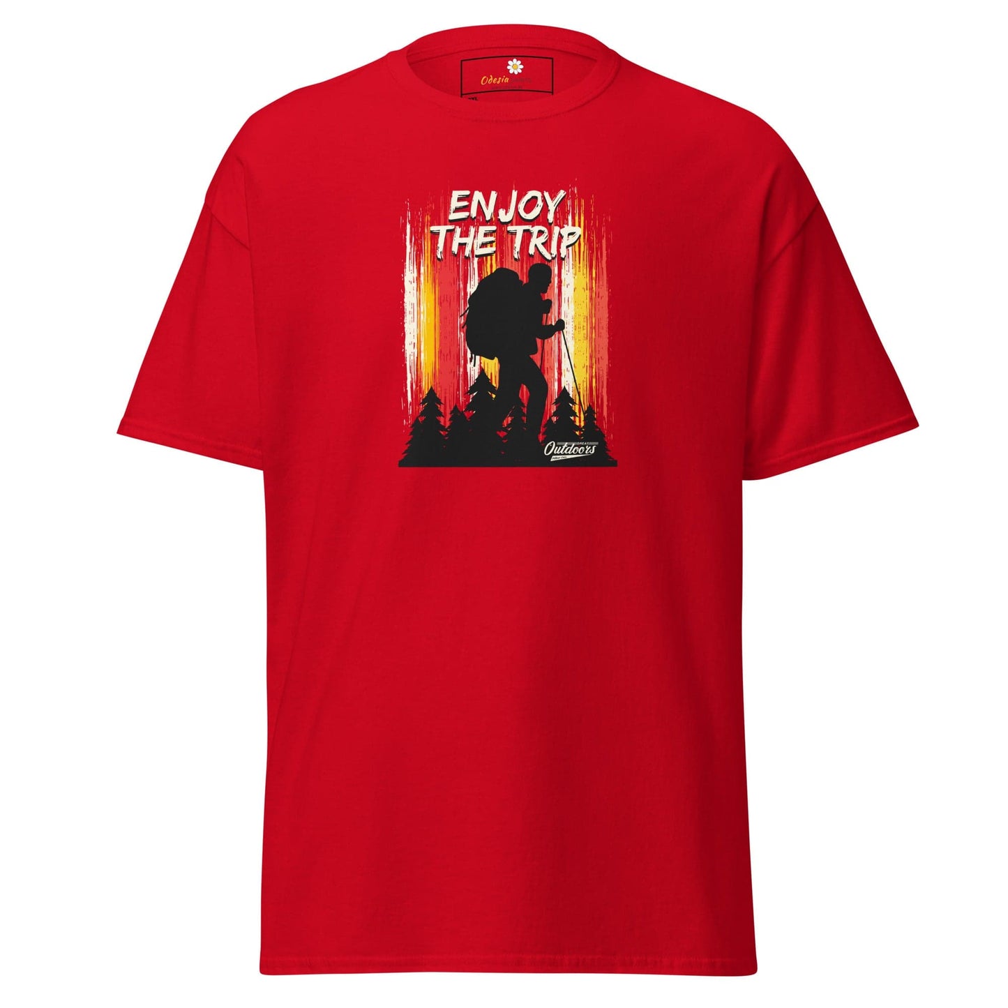 Red t-shirt with hiking graphic.