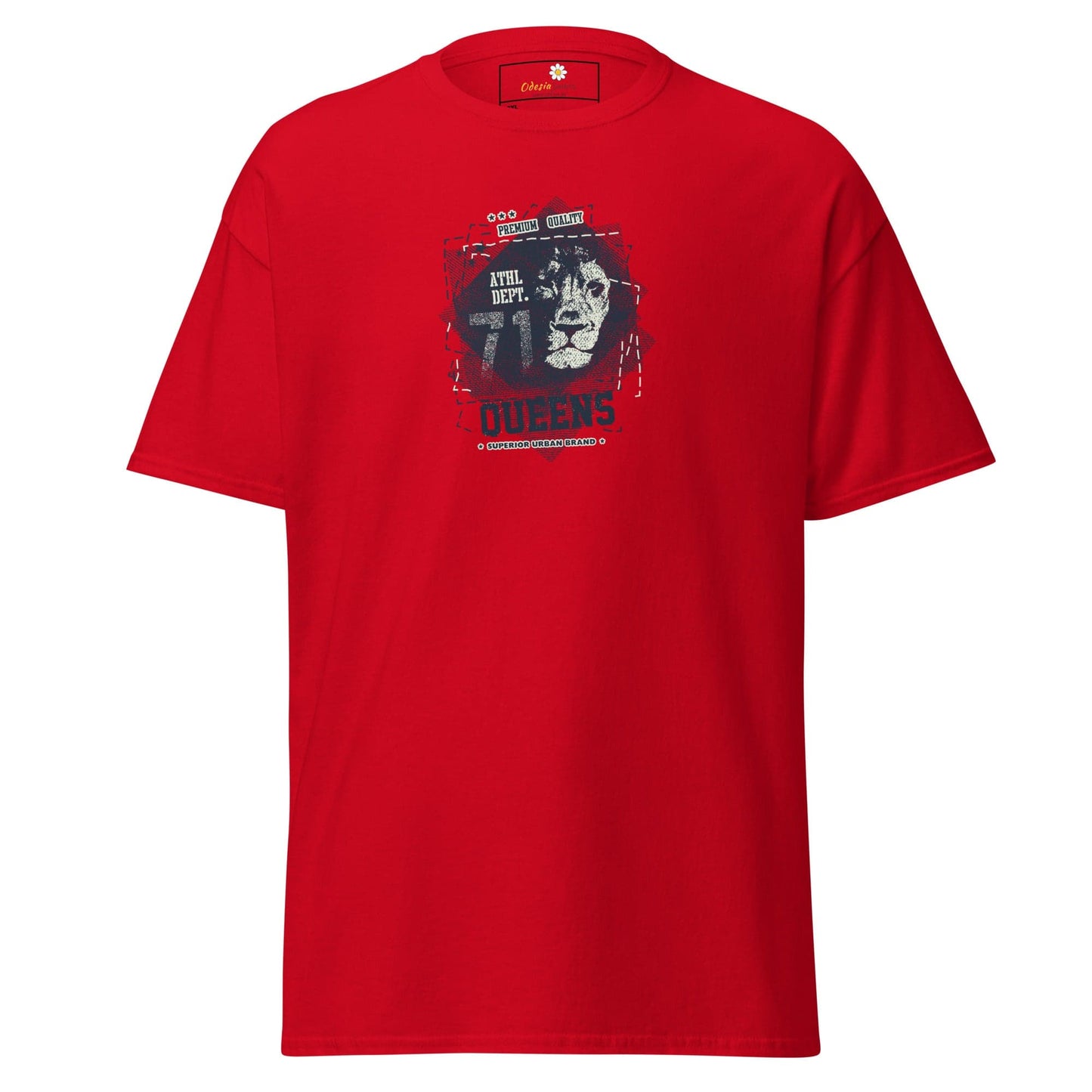 Red T-shirt with lion graphic for men and women in sizes 2XL to 5XL