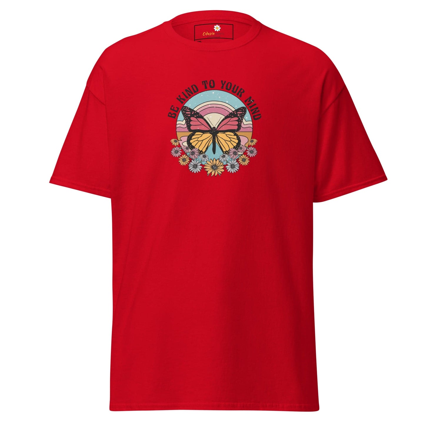 Red t-shirt with butterfly graphic.