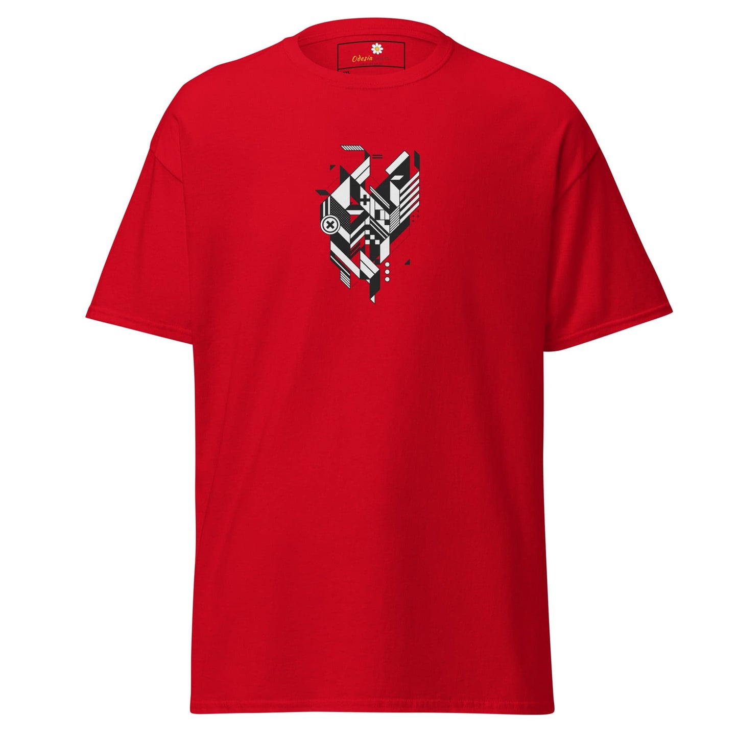 Red t-shirt with geometric design.