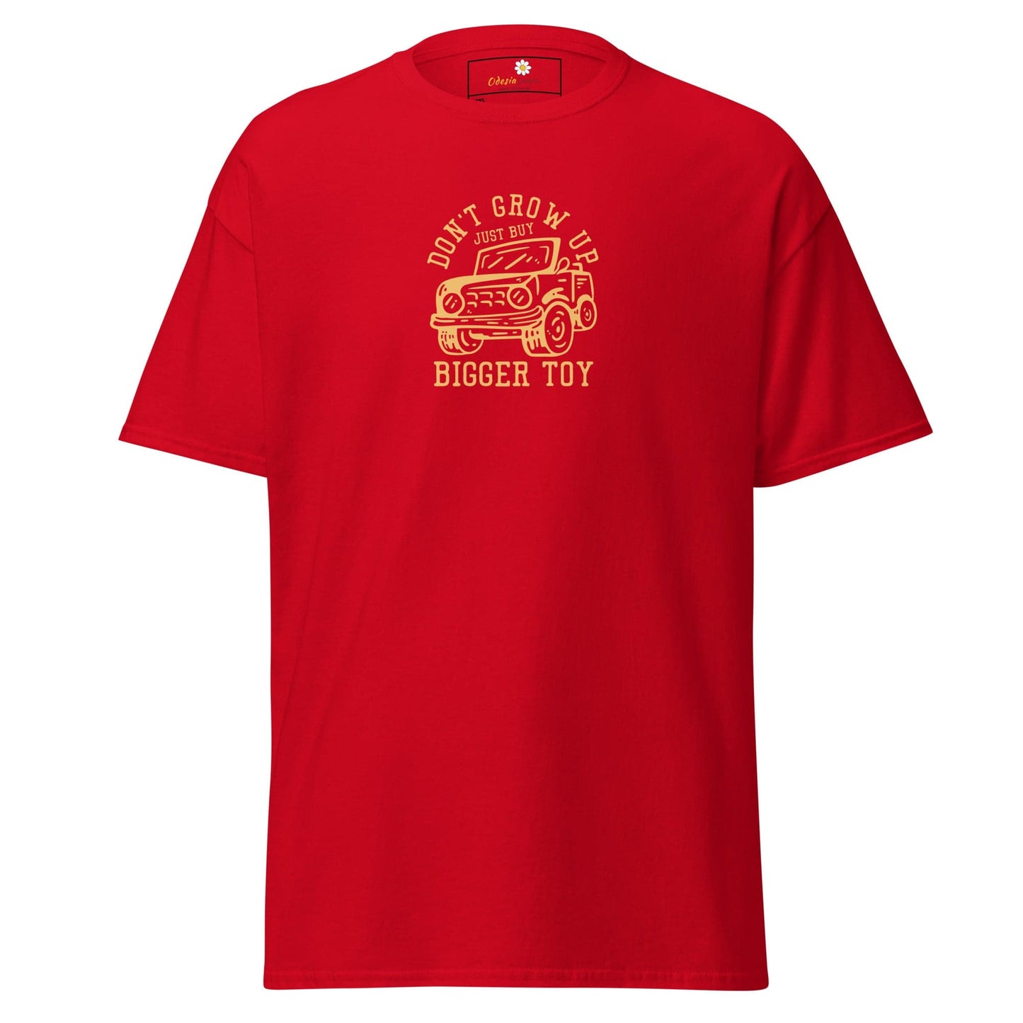 Red t-shirt with car graphic.