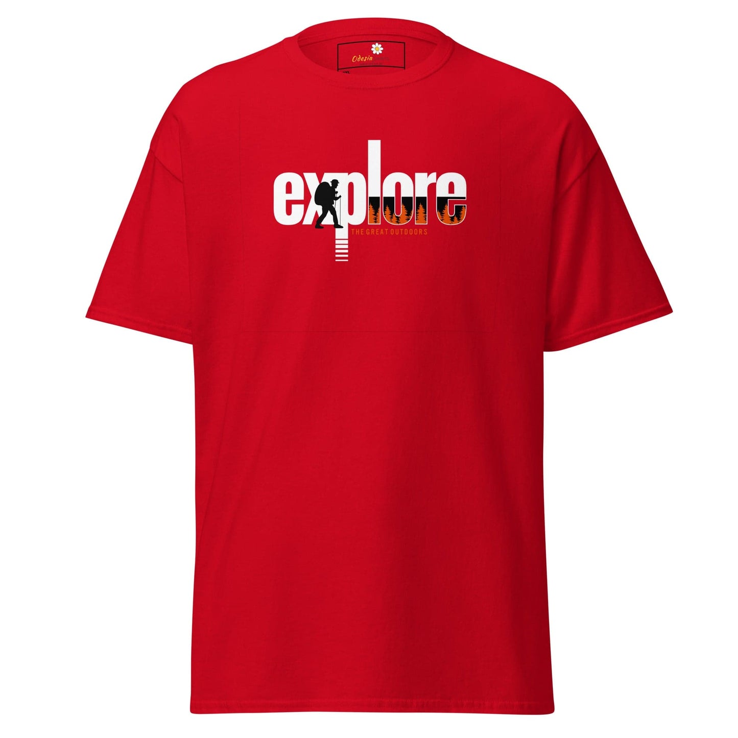 Red t-shirt with ’explore’ graphic.
