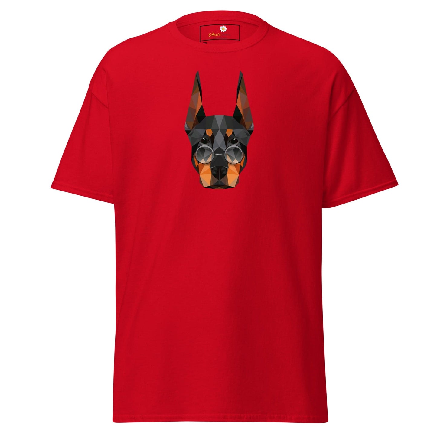 Red T-shirt with geometric dog design from T-SHIRT DESIGN TEE for Men and Women