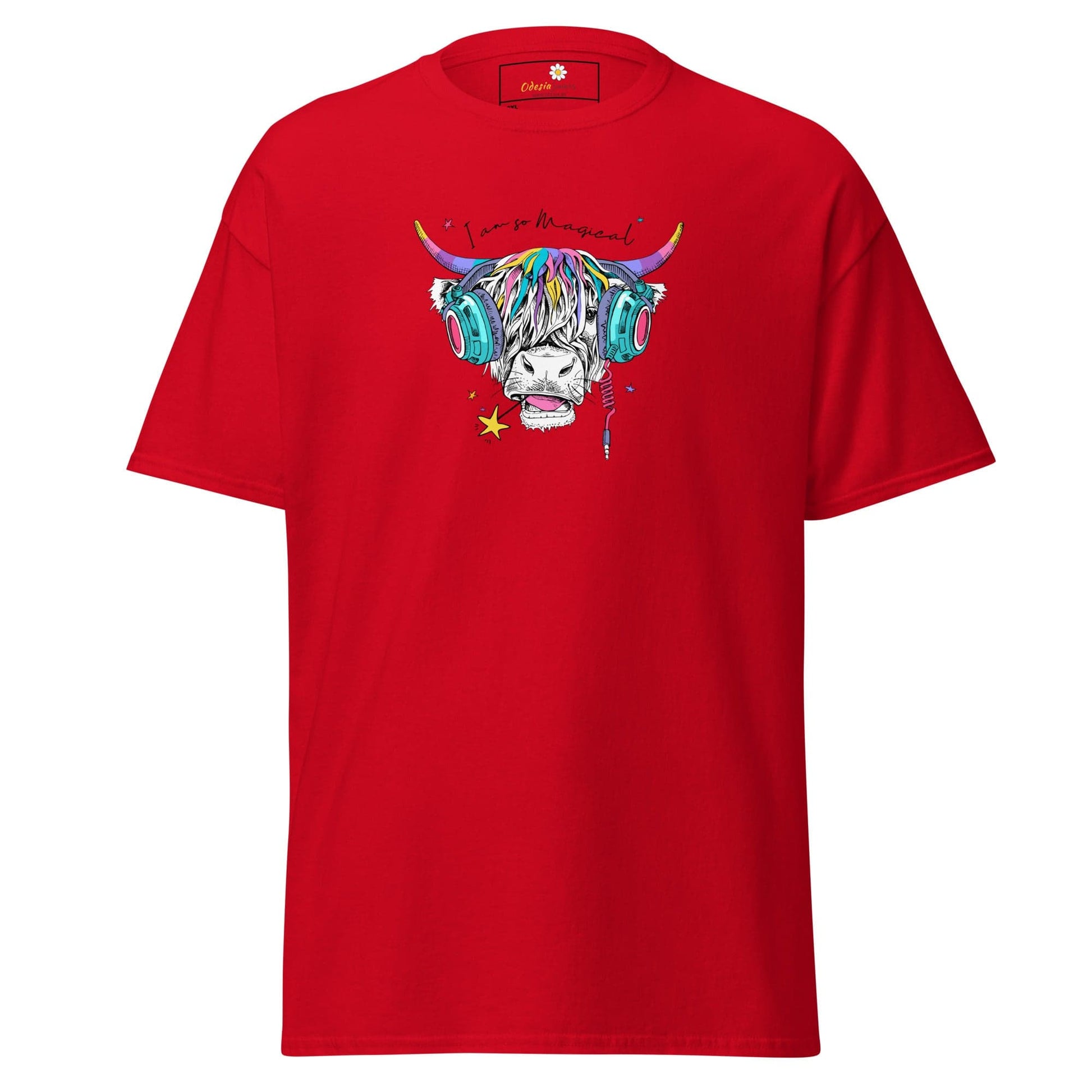 Red t-shirt with cow graphic.