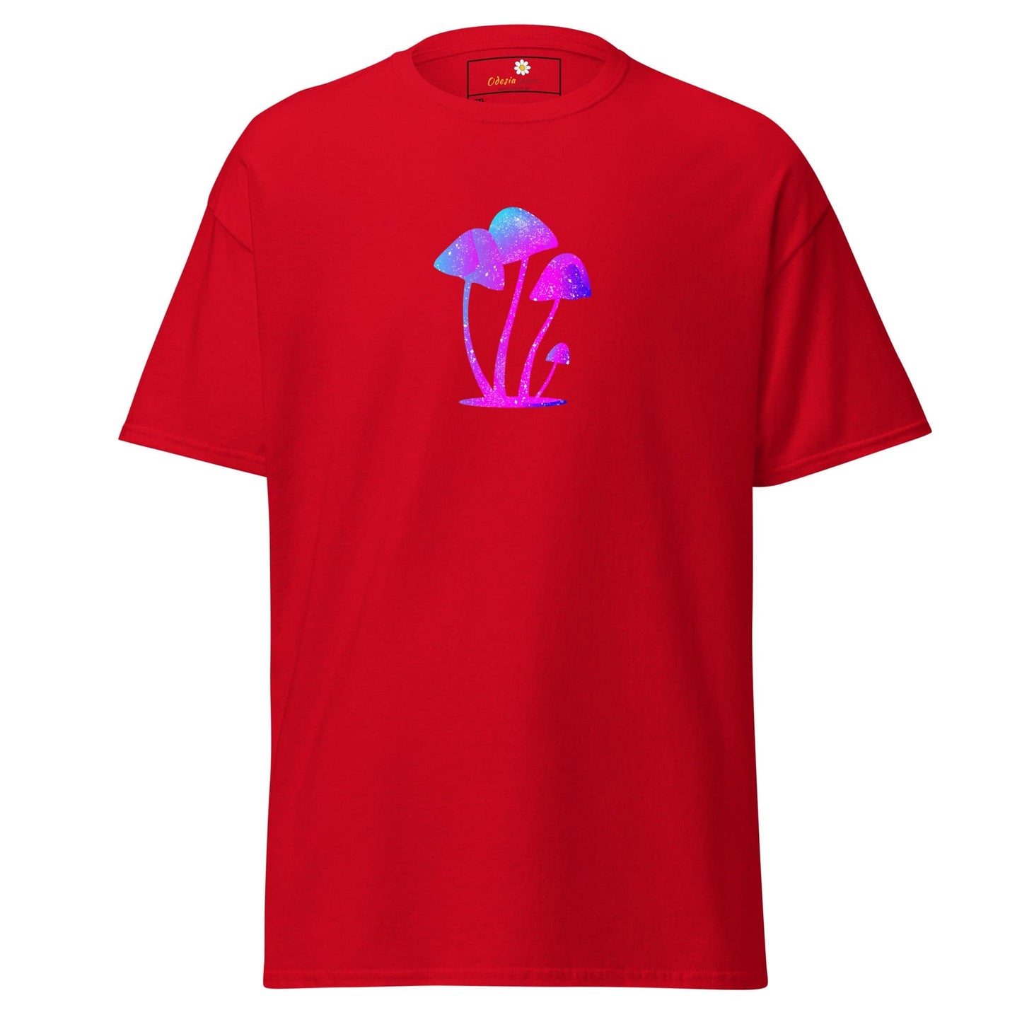 Red t-shirt with mushroom graphic.