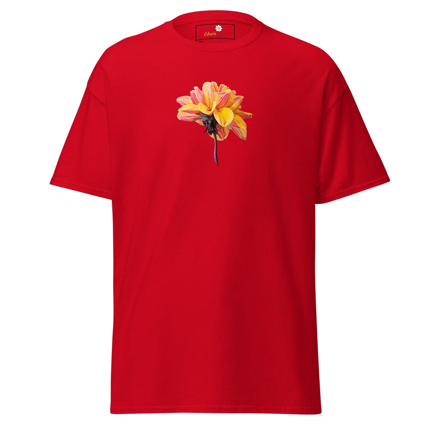 Red t-shirt with flower.