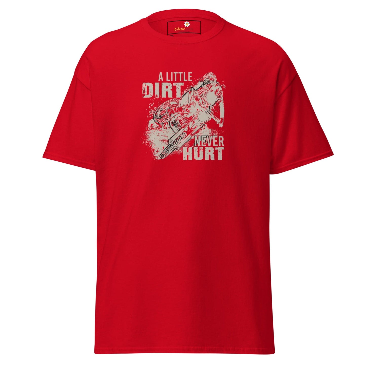 Red t-shirt with motorcycle graphic.