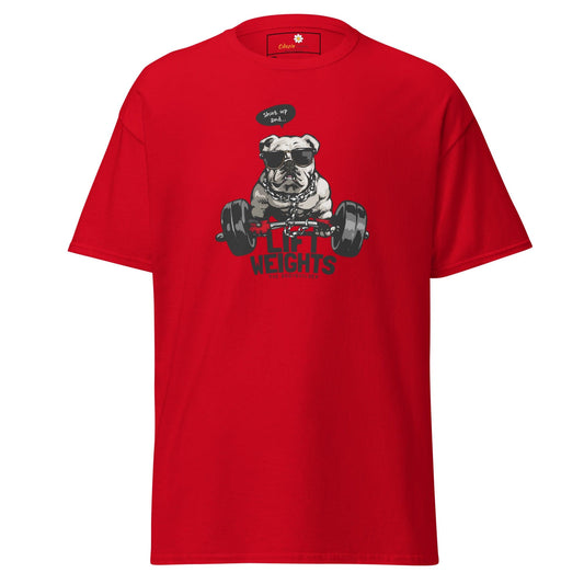 Red t-shirt with dog weightlifter graphic.