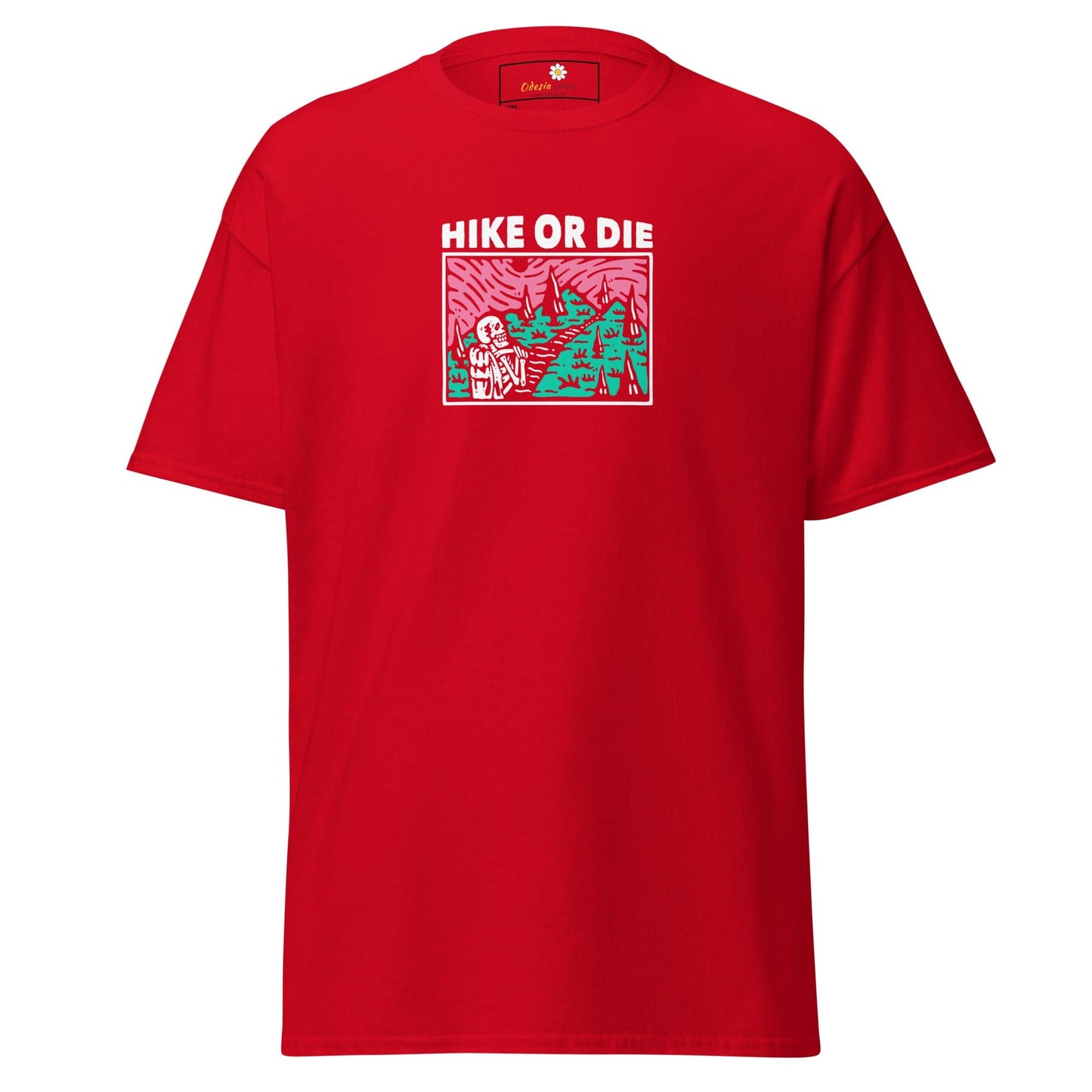 Red t-shirt with ’Hike or Die’ graphic.