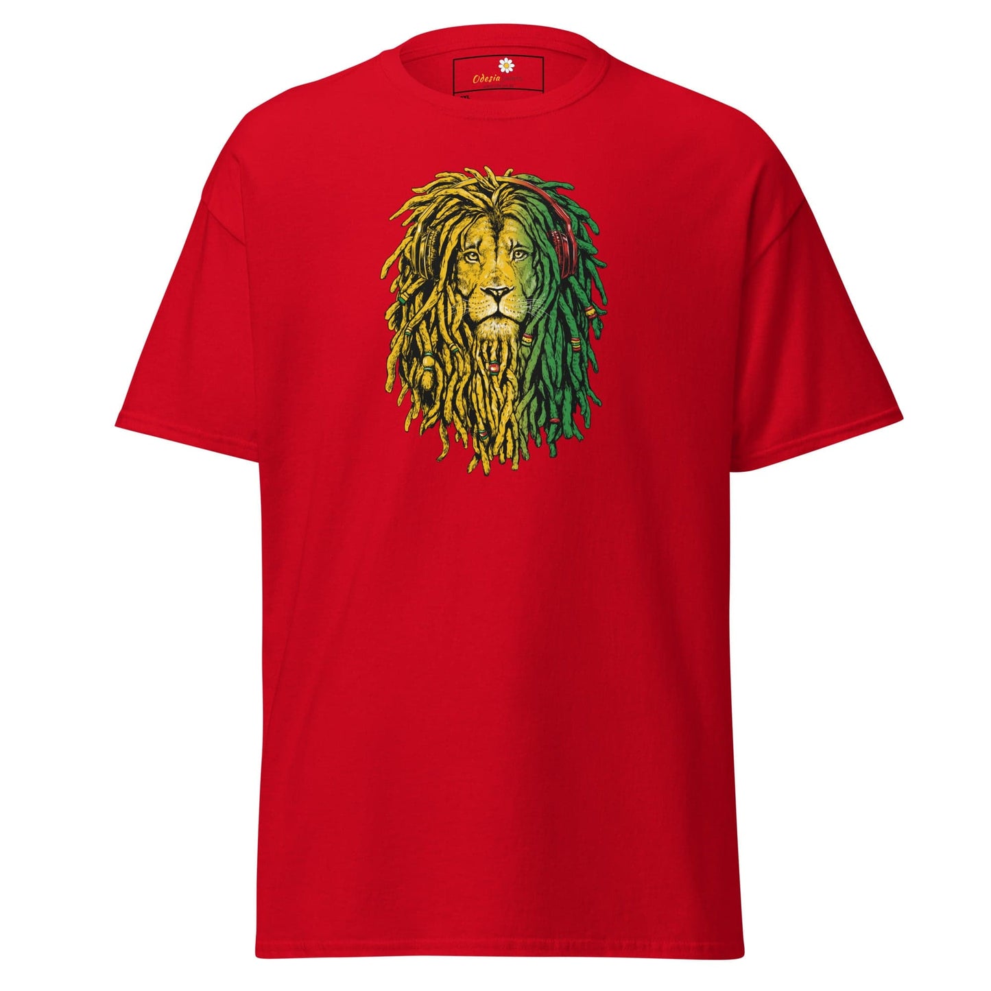 Red t-shirt with lion graphic.