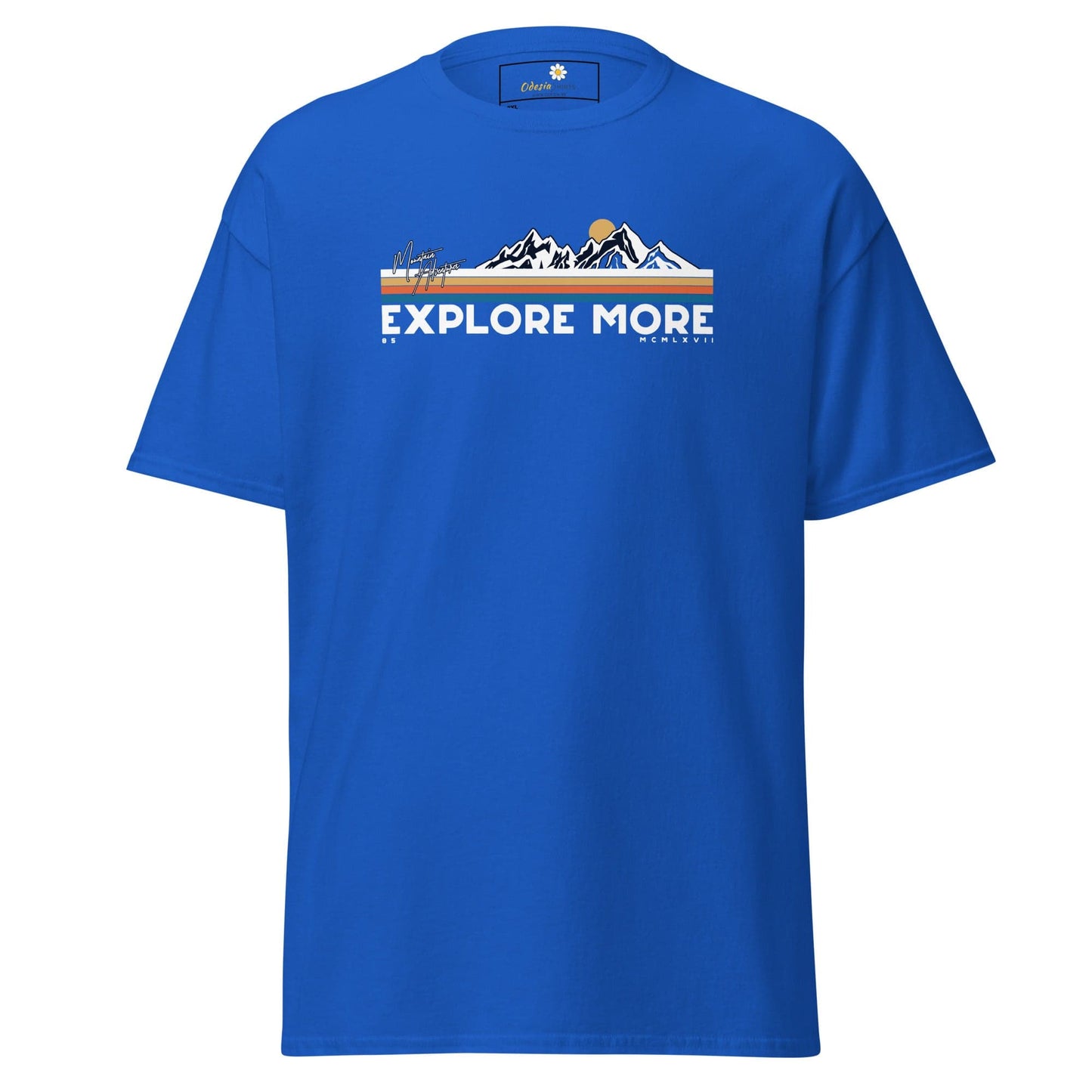 Blue t-shirt with mountain graphic.