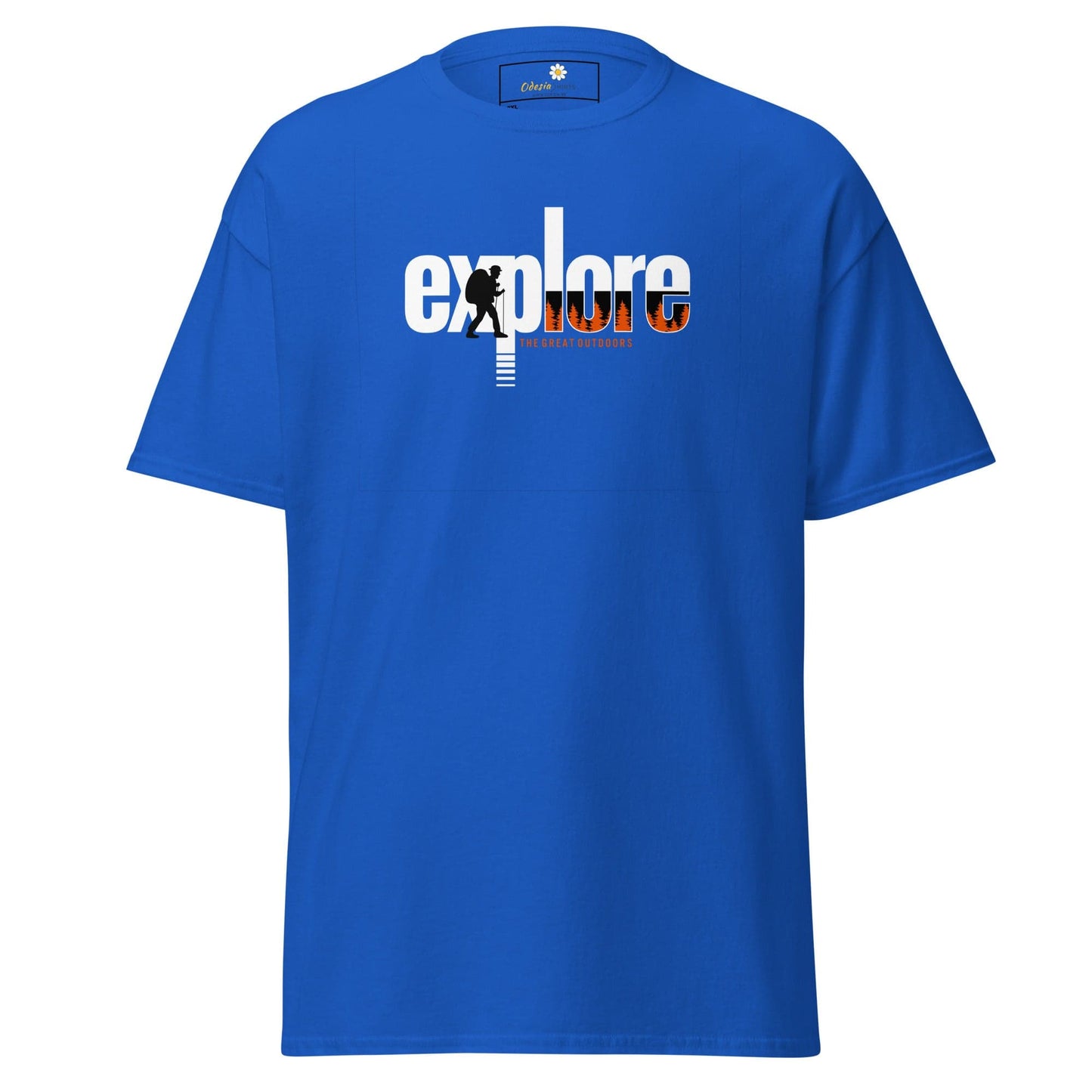 Blue t-shirt with ’explore’ graphic.