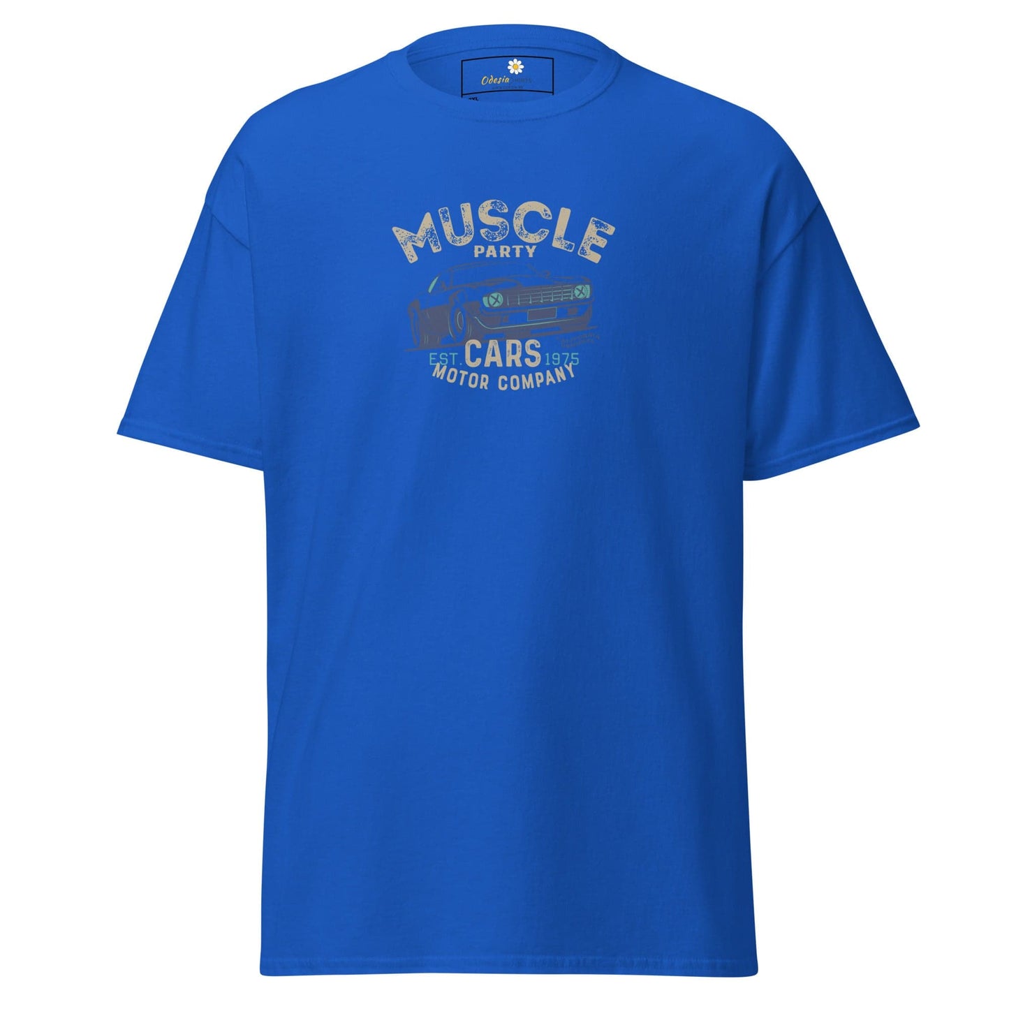 Blue t-shirt with car graphic.