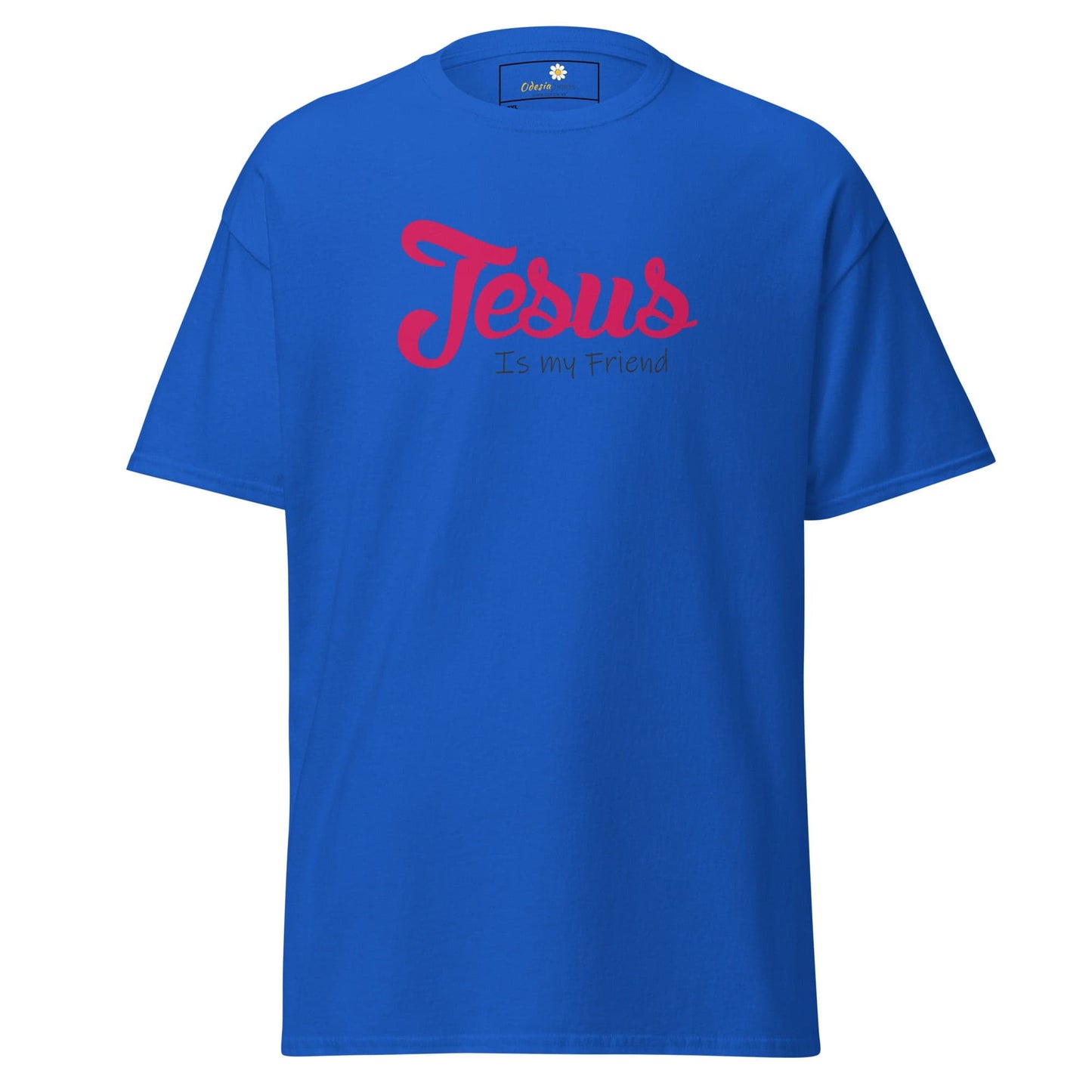 Blue t-shirt with ’Jesus’ text.