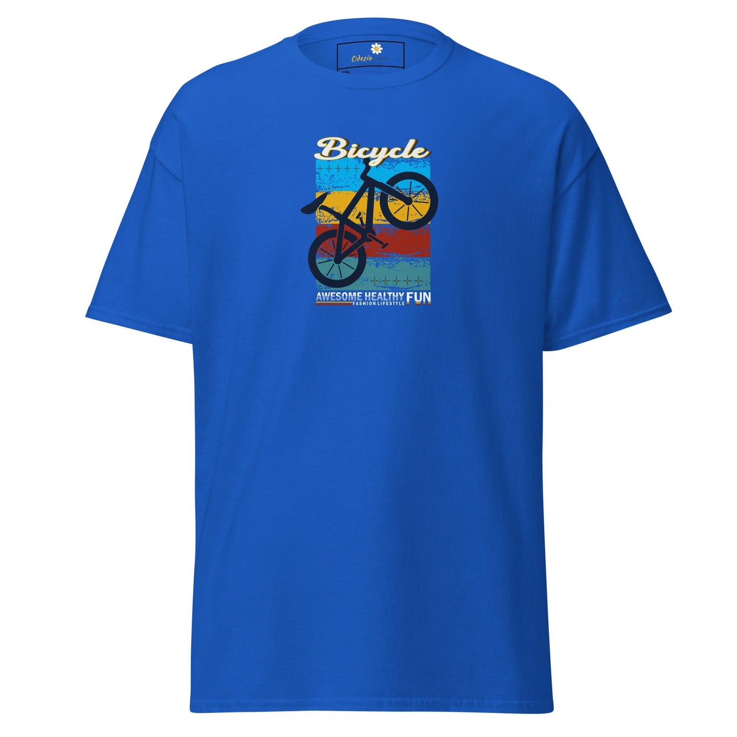 Blue T-shirt with bicycle graphic from T-SHIRT DESIGN TEE for Men and Women, 2XL to 5XL