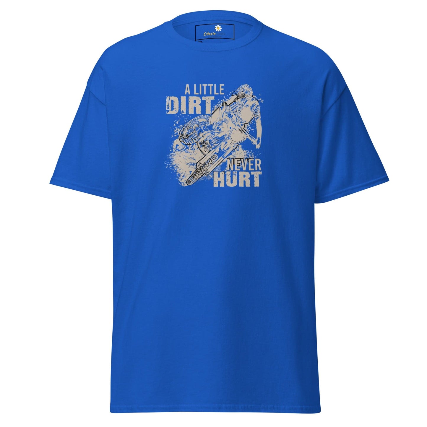 Blue t-shirt with dirt bike graphic.