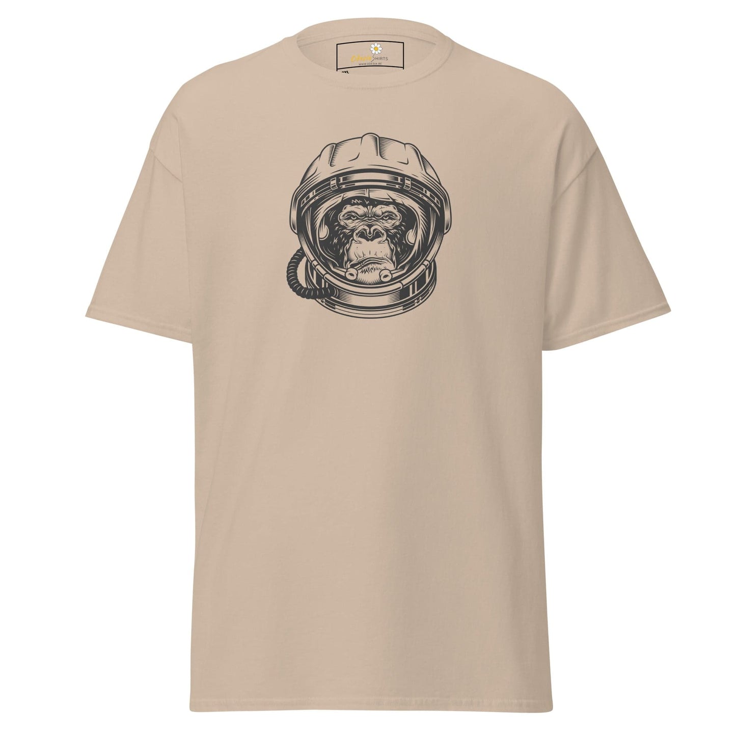 Beige T-shirt featuring an astronaut monkey graphic from Men and Women T-shirt Design Tee collection