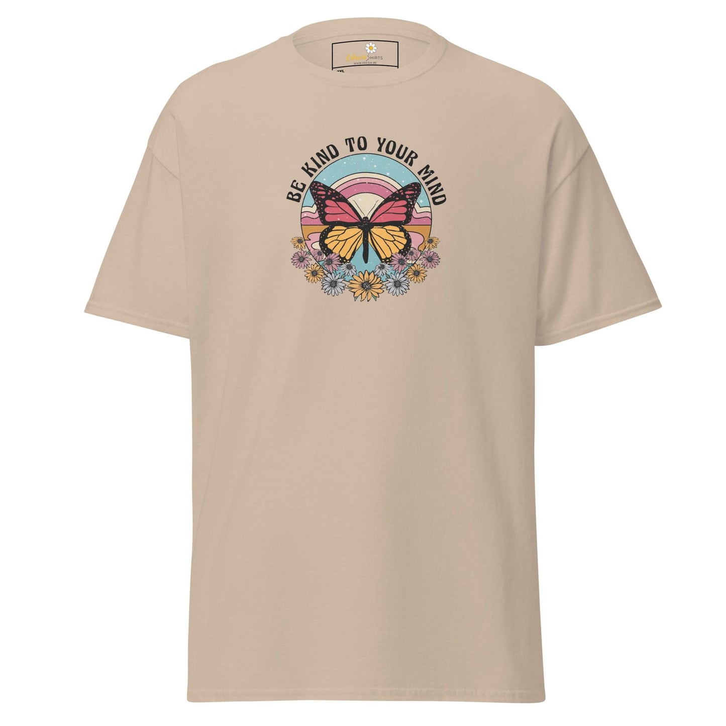 Beige t-shirt with butterfly graphic.