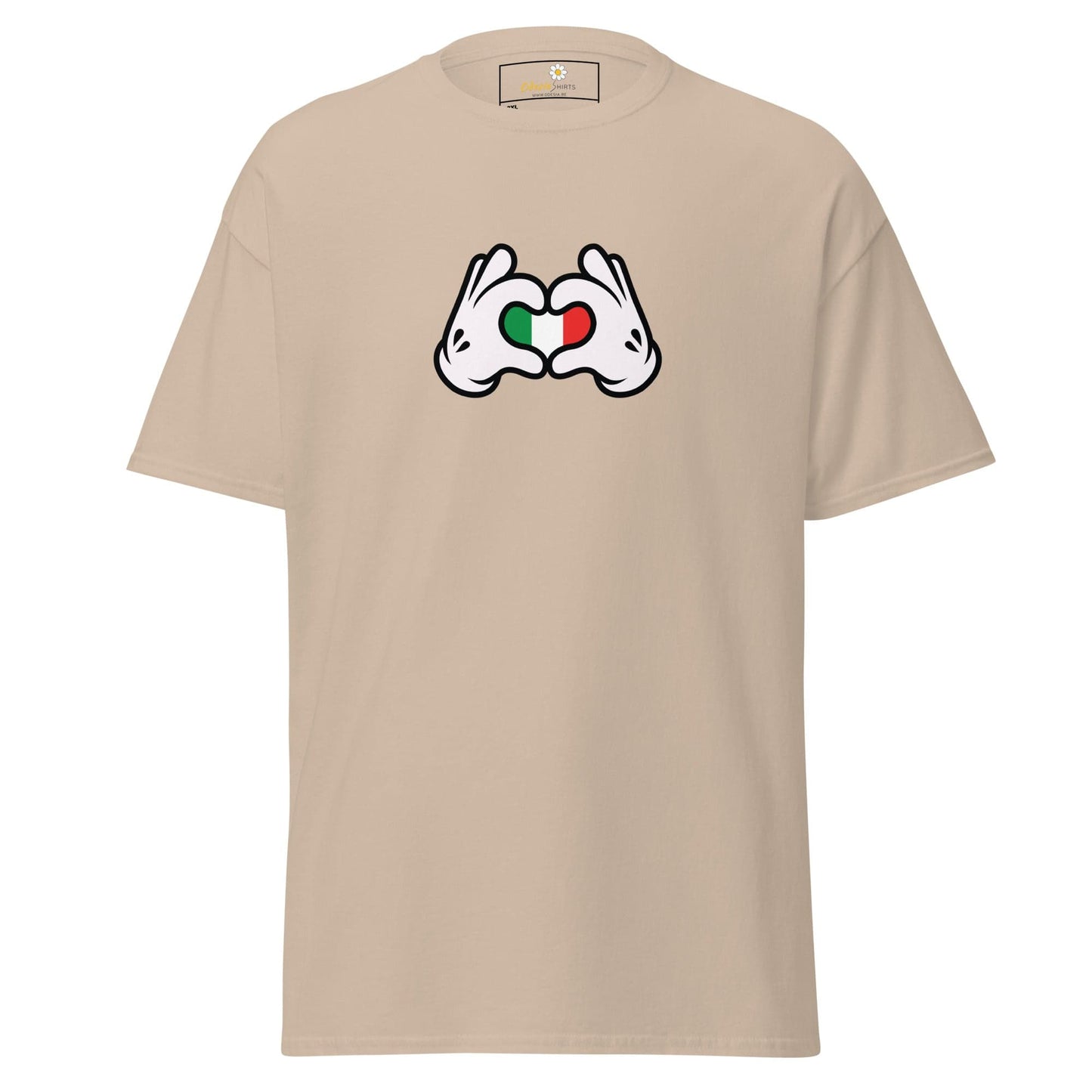 Beige t-shirt with cartoon hands forming a heart with Italian flag colors.